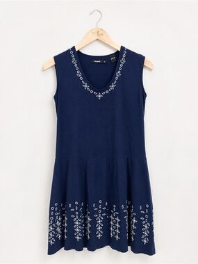 Desigual Navy Blue Sleeveless Embroidered V-Neck Midi Dress